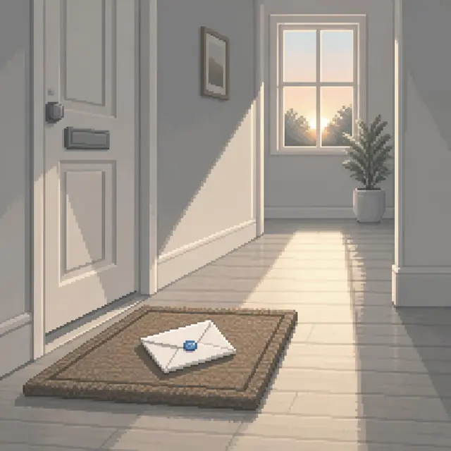 Pixel-art envelope landing on a doormat at sunrise