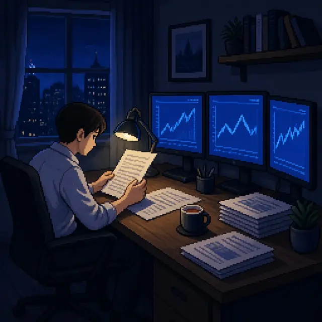 Pixel-art analyst reading reports by lamplight at night